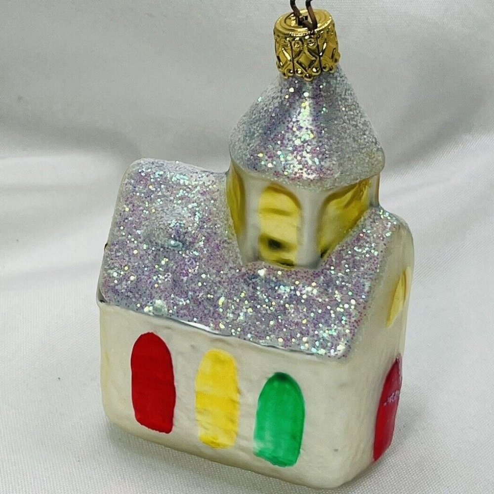 White Snowy Church Christmas Ornament West Germany Figural Ball Vintage Glass